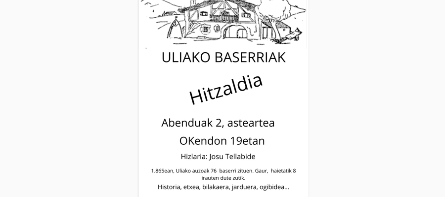 Hitzaldia: 'Uliako baserriak'  (Josu Tellabide, 2025-12-02, 19:00)